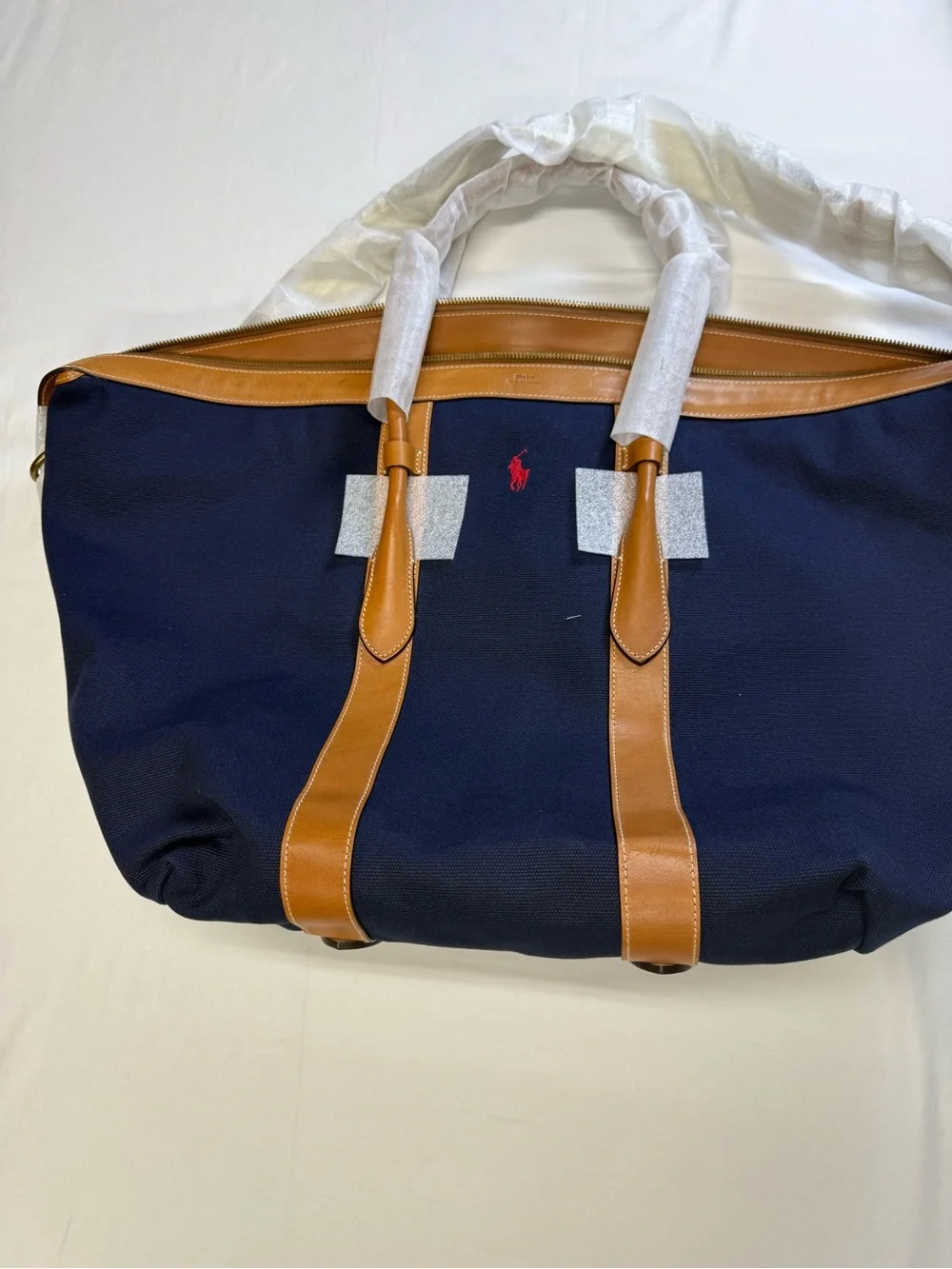 Ralph Lauren Navy Canvas Travel Tote with Tan Leather Trim and Red Polo